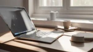 Un espace de travail moderne avec un ordinateur portable pour illustrer le budget web 2026.